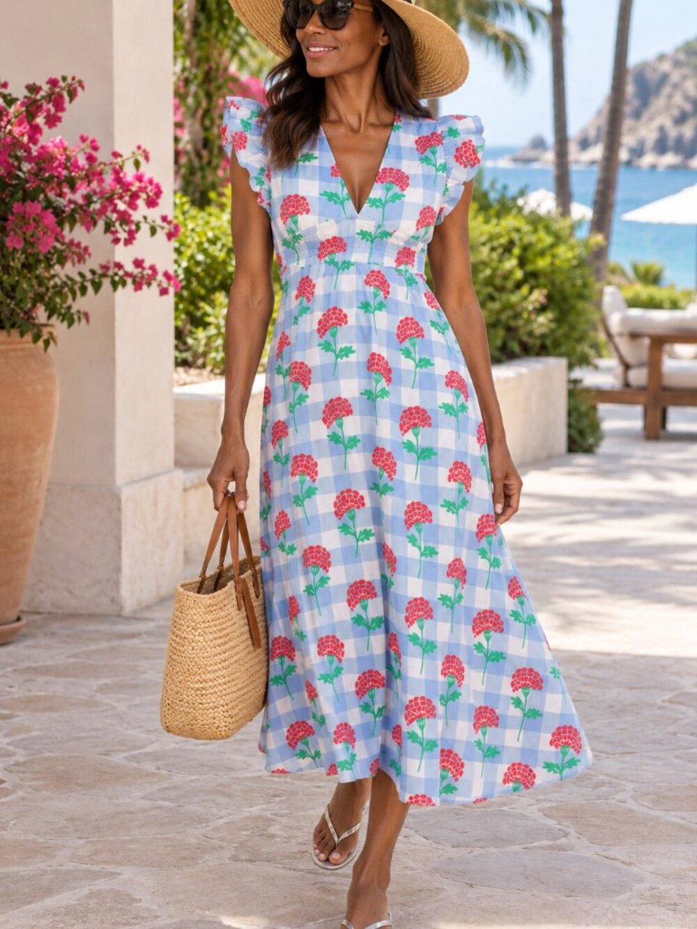 NWT SAIL TO SABLE V-neck Flutter Sleeve Summer Maxi Dress Gingham Cotton